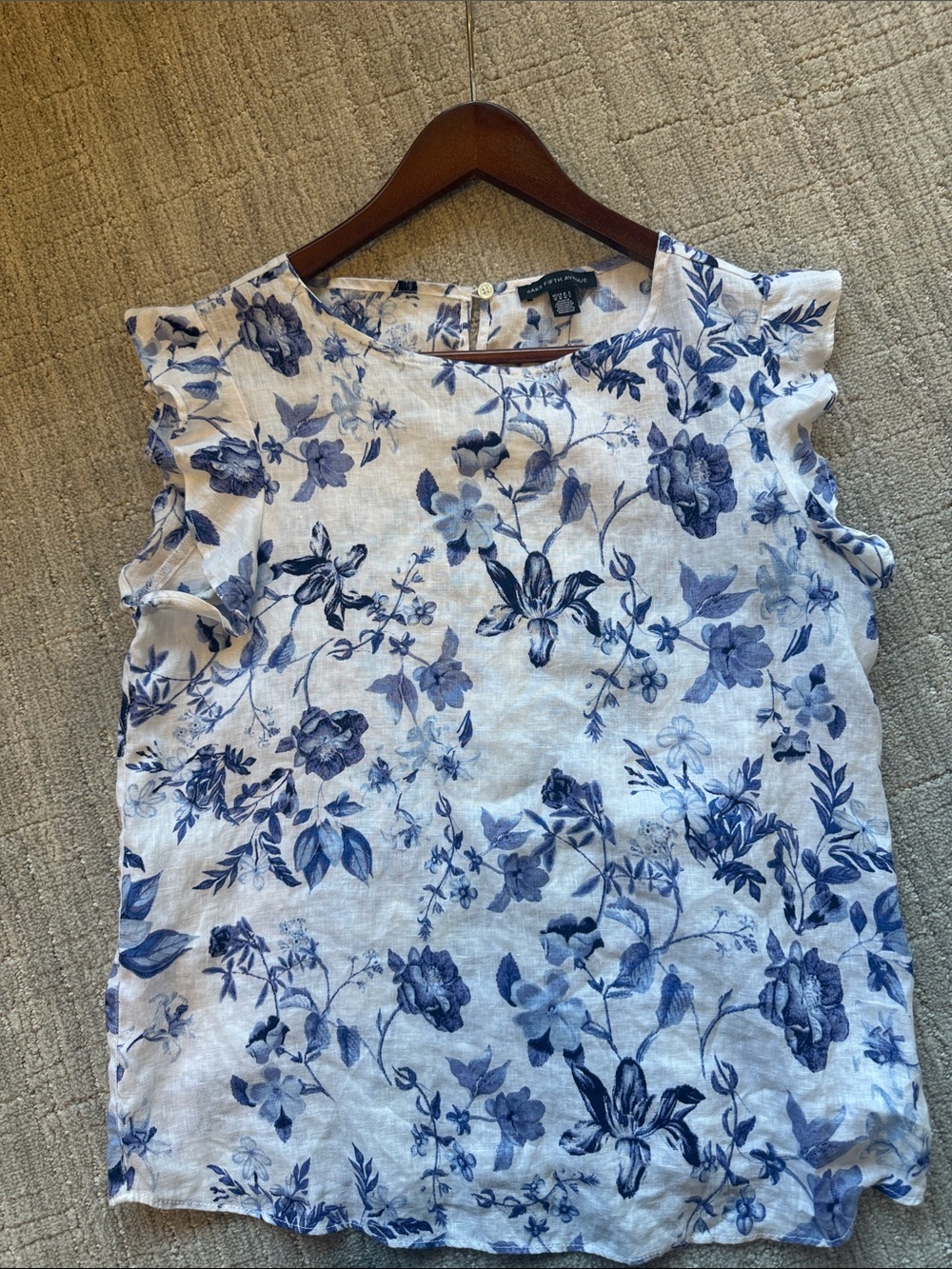 Saks Fifth Avenue White and Blue Linen Top Floral Print and Ruffle Sleeves